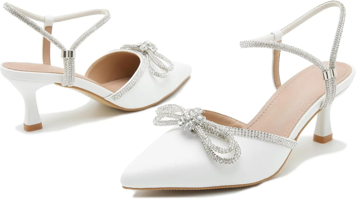Women's Rhinstone Wedding Low Heel Slingback Kitten Heels, Adjustable Strap Pointed Toe Bow Pumps Prom Dress Shoes
