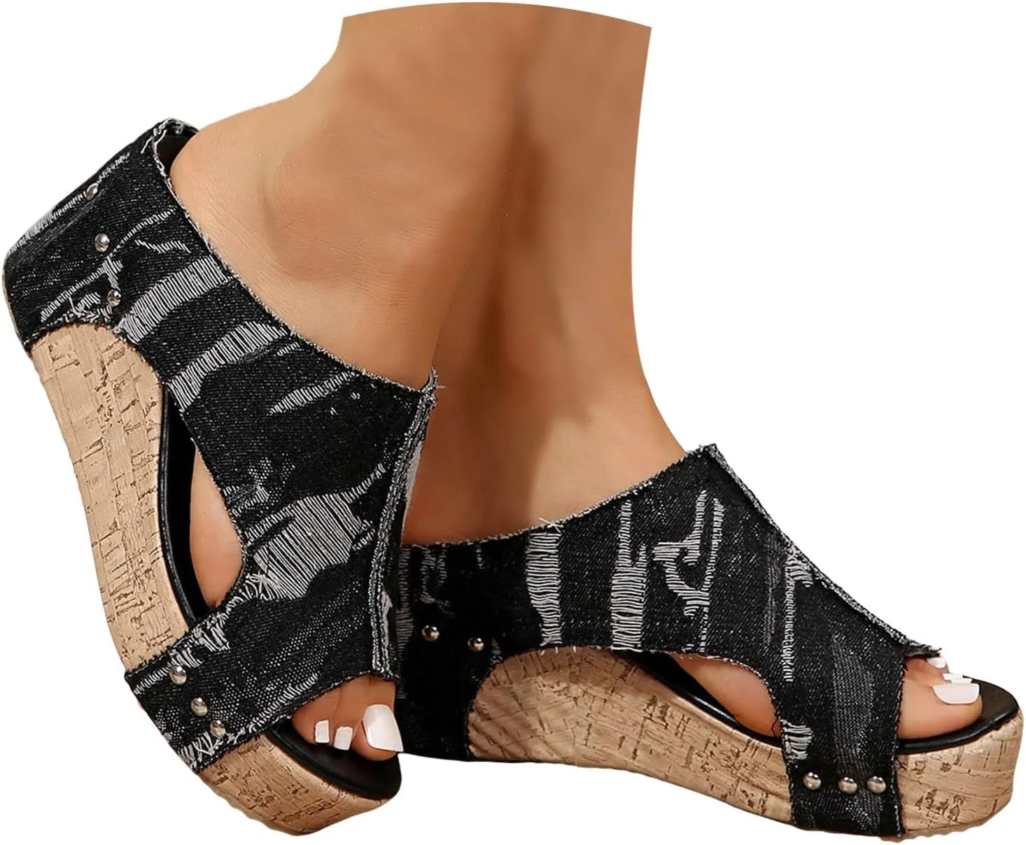 Womens Sandals Dressy Denim Slip On Thick Sole Platform Wedges Heels For Women Casual Low Heeled Sandal Summer Shoes