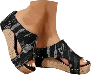 Womens Sandals Dressy Denim Slip On Thick Sole Platform Wedges Heels For Women Casual Low Heeled Sandal Summer Shoes