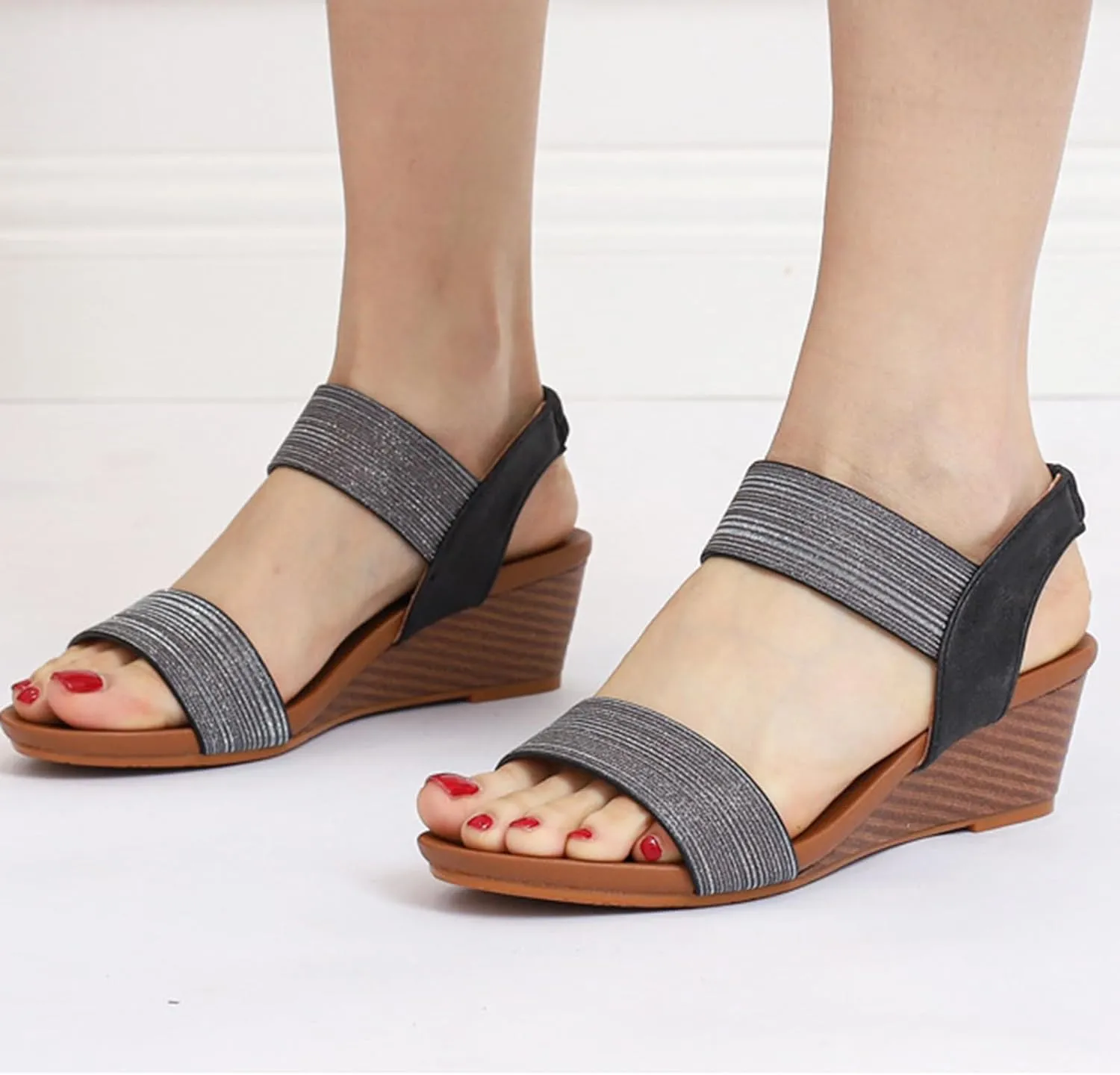 Womens Sandals Open Toe Slip On Wedge Sandals Orthotic Breathable Casual Walking Sandal With Adjustable Back Ankle Strap for Daily Wear