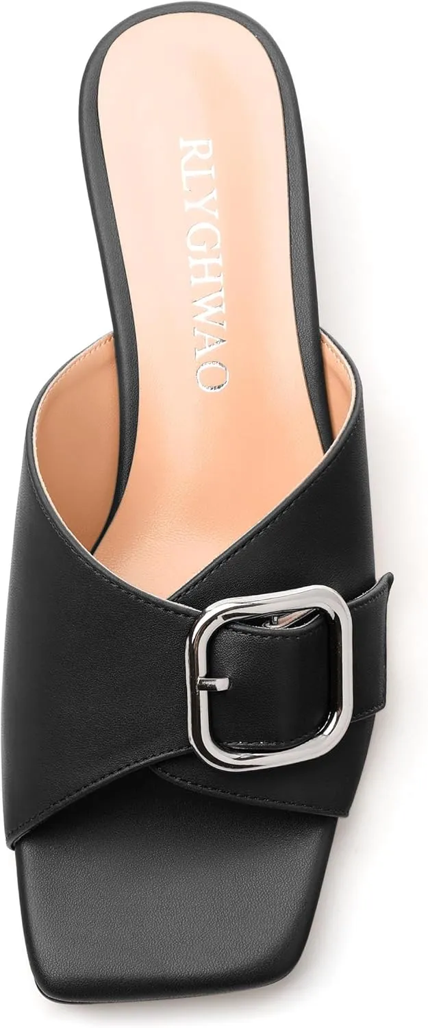Women's Slide Sandals Square Open Toe Slip on Kitten Low Heel Metal Buckle Dressy Shoes