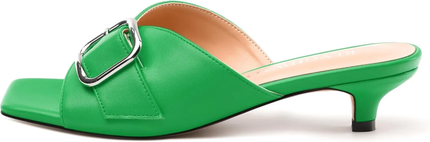 Women's Slide Sandals Square Open Toe Slip on Kitten Low Heel Metal Buckle Dressy Shoes