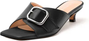 Women's Slide Sandals Square Open Toe Slip on Kitten Low Heel Metal Buckle Dressy Shoes