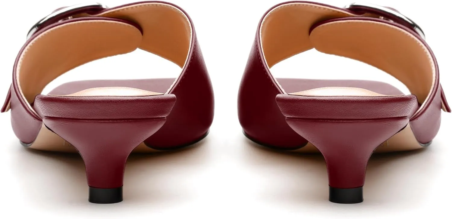 Women's Slide Sandals Square Open Toe Slip on Kitten Low Heel Metal Buckle Dressy Shoes