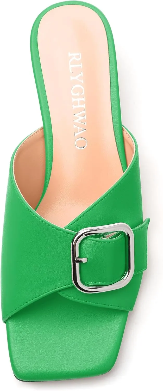 Women's Slide Sandals Square Open Toe Slip on Kitten Low Heel Metal Buckle Dressy Shoes