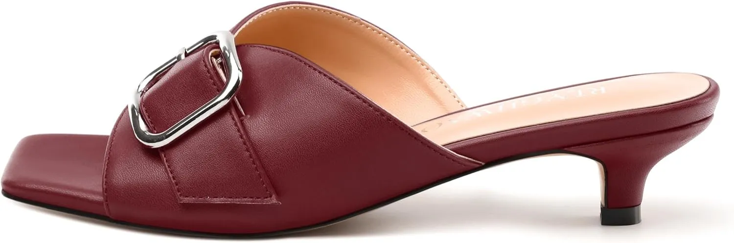 Women's Slide Sandals Square Open Toe Slip on Kitten Low Heel Metal Buckle Dressy Shoes
