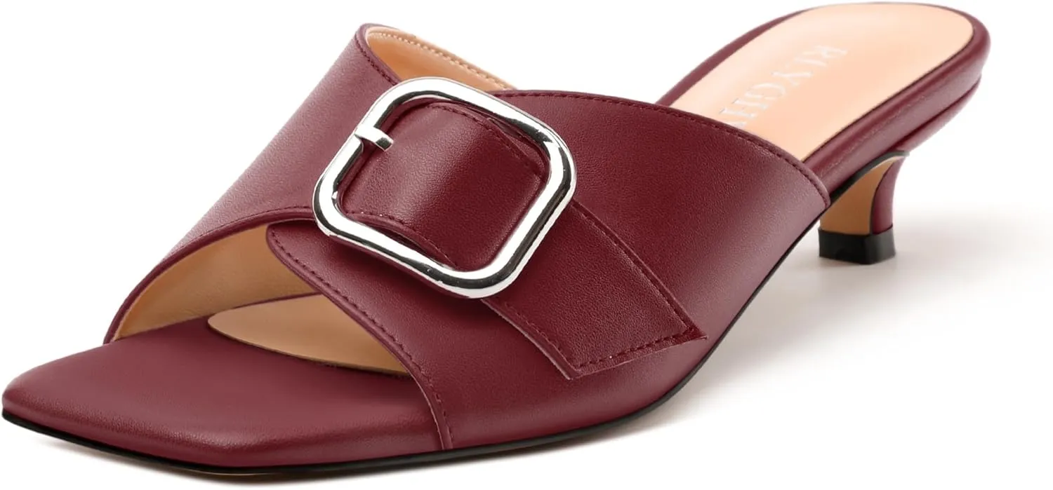 Women's Slide Sandals Square Open Toe Slip on Kitten Low Heel Metal Buckle Dressy Shoes