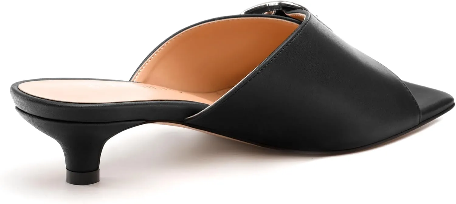 Women's Slide Sandals Square Open Toe Slip on Kitten Low Heel Metal Buckle Dressy Shoes