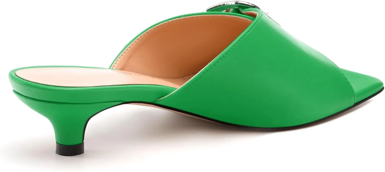 Women's Slide Sandals Square Open Toe Slip on Kitten Low Heel Metal Buckle Dressy Shoes