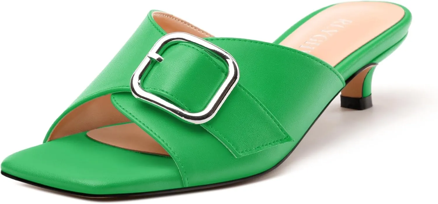 Women's Slide Sandals Square Open Toe Slip on Kitten Low Heel Metal Buckle Dressy Shoes