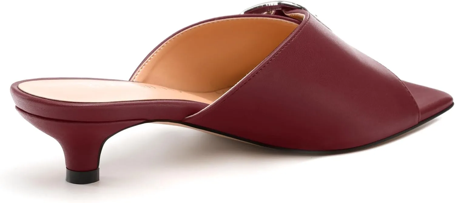Women's Slide Sandals Square Open Toe Slip on Kitten Low Heel Metal Buckle Dressy Shoes