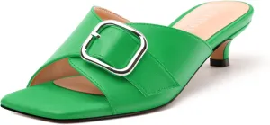 Women's Slide Sandals Square Open Toe Slip on Kitten Low Heel Metal Buckle Dressy Shoes