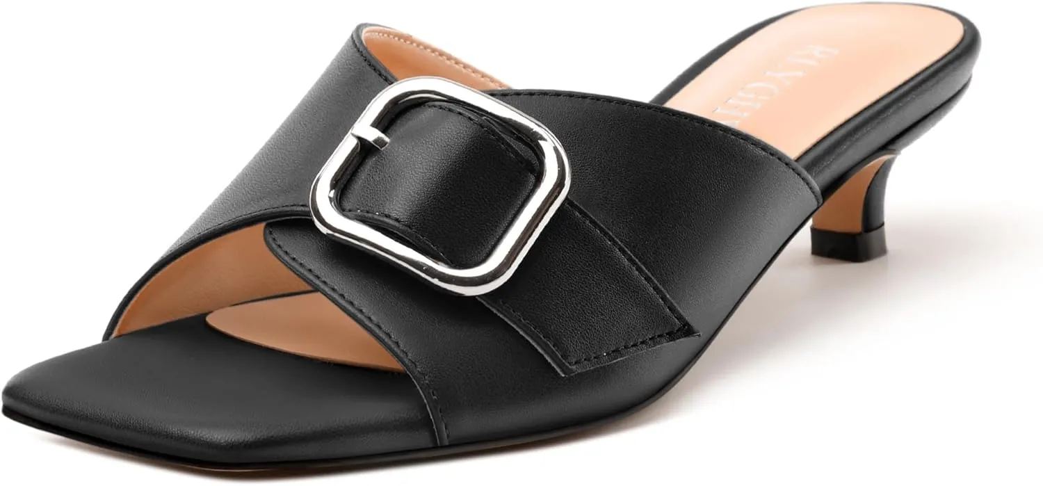 Women's Slide Sandals Square Open Toe Slip on Kitten Low Heel Metal Buckle Dressy Shoes