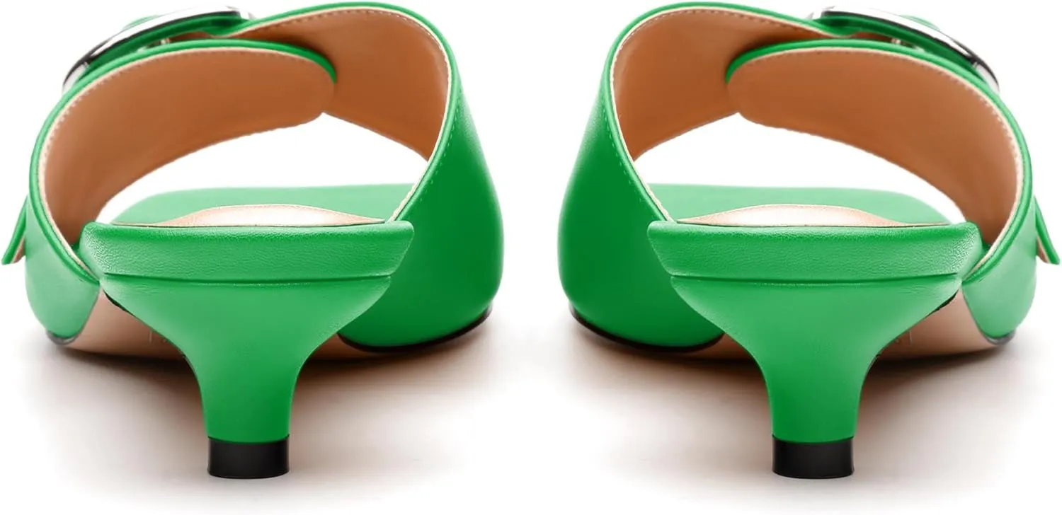 Women's Slide Sandals Square Open Toe Slip on Kitten Low Heel Metal Buckle Dressy Shoes