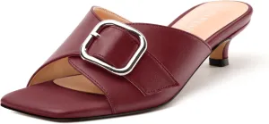 Women's Slide Sandals Square Open Toe Slip on Kitten Low Heel Metal Buckle Dressy Shoes