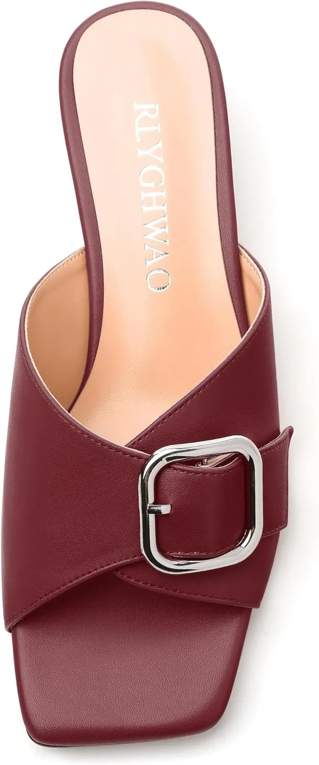 Women's Slide Sandals Square Open Toe Slip on Kitten Low Heel Metal Buckle Dressy Shoes