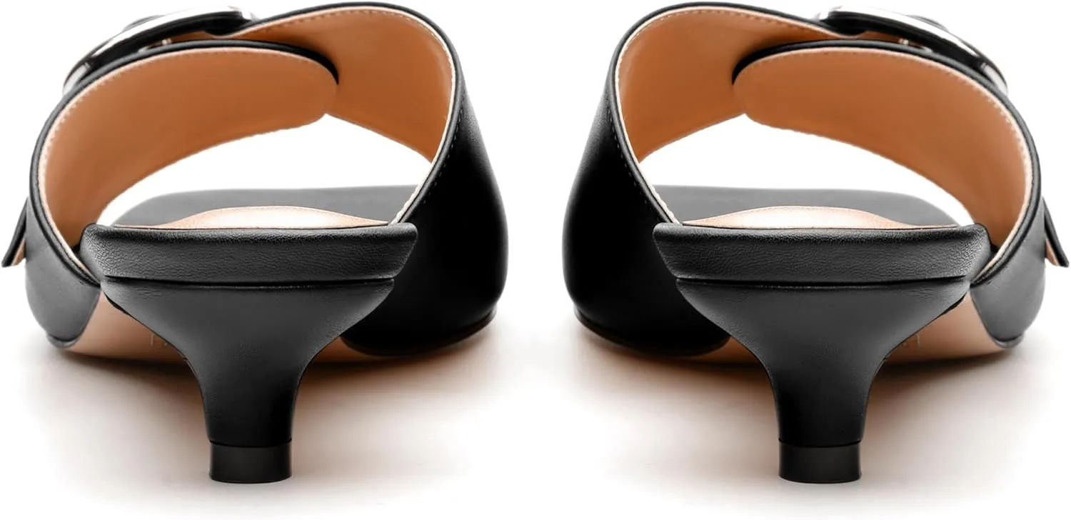 Women's Slide Sandals Square Open Toe Slip on Kitten Low Heel Metal Buckle Dressy Shoes
