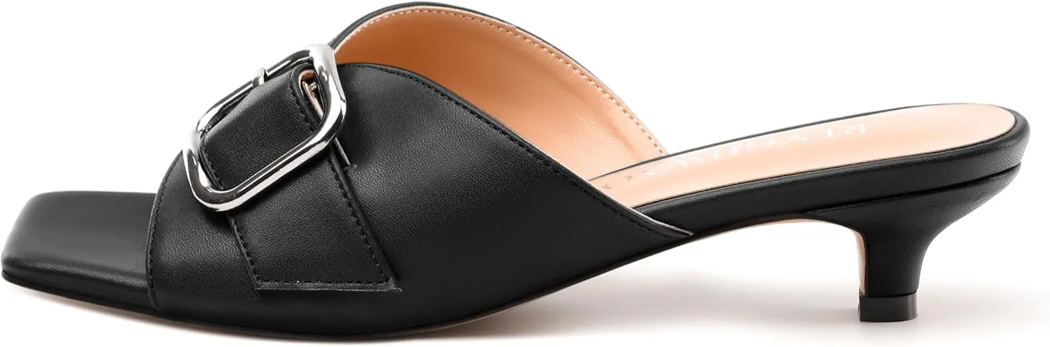 Women's Slide Sandals Square Open Toe Slip on Kitten Low Heel Metal Buckle Dressy Shoes
