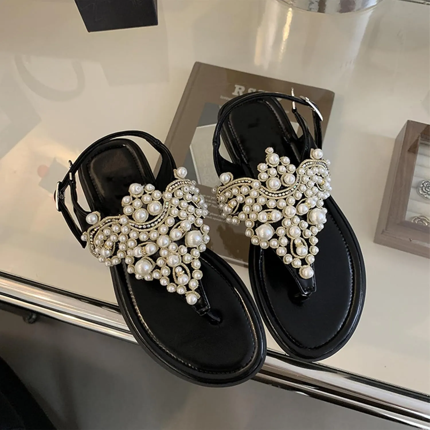 Women's Sparkle Pearl Flat T-Strap Thong Bohemian Sandals Adjust Ankle Strap Summer Fashion Comfort Slip-On Square Open Toe Flip Flops Sandals for Beach Party Prom