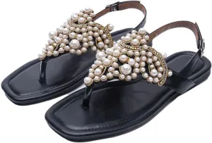 Women's Sparkle Pearl Flat T-Strap Thong Bohemian Sandals Adjust Ankle Strap Summer Fashion Comfort Slip-On Square Open Toe Flip Flops Sandals for Beach Party Prom