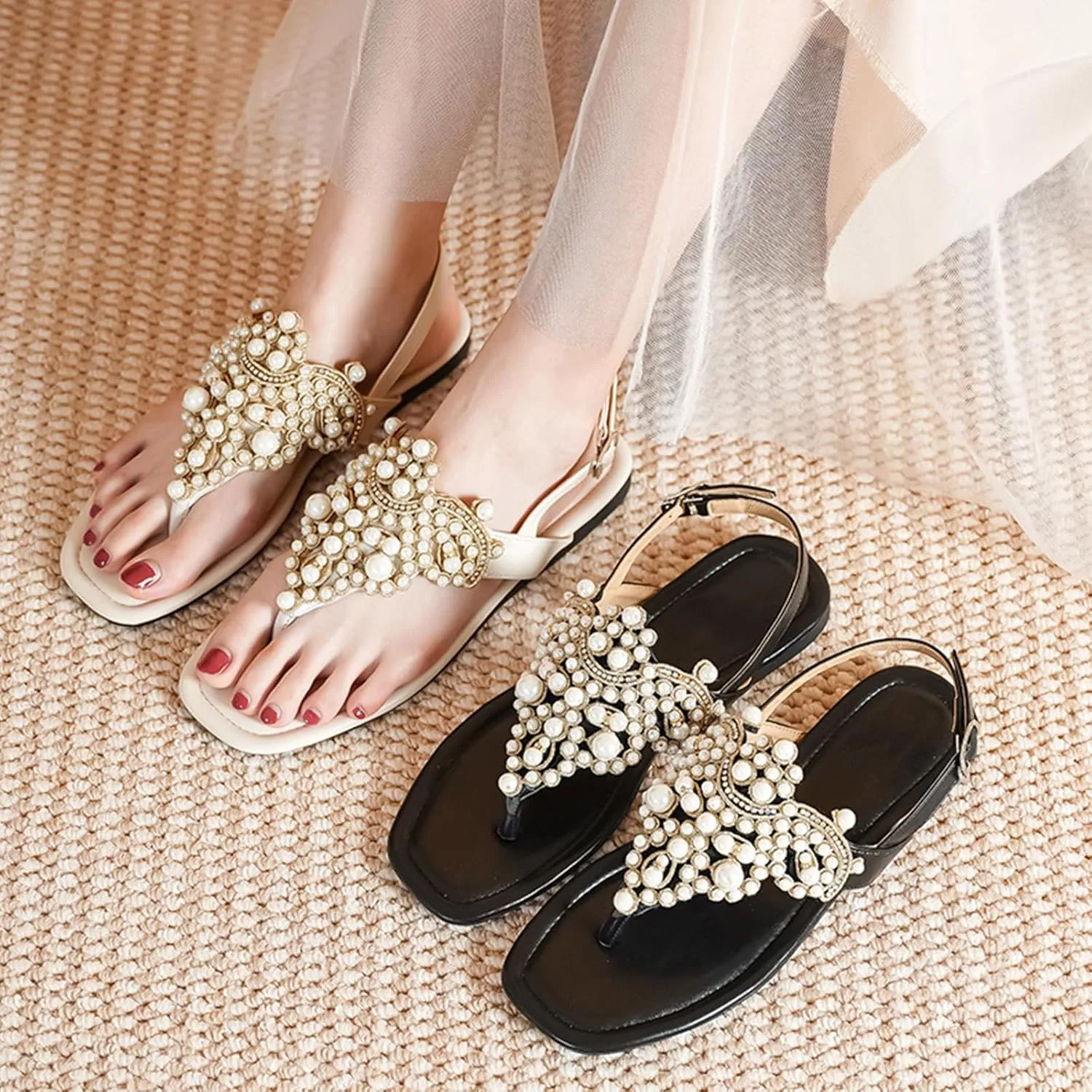 Women's Sparkle Pearl Flat T-Strap Thong Bohemian Sandals Adjust Ankle Strap Summer Fashion Comfort Slip-On Square Open Toe Flip Flops Sandals for Beach Party Prom