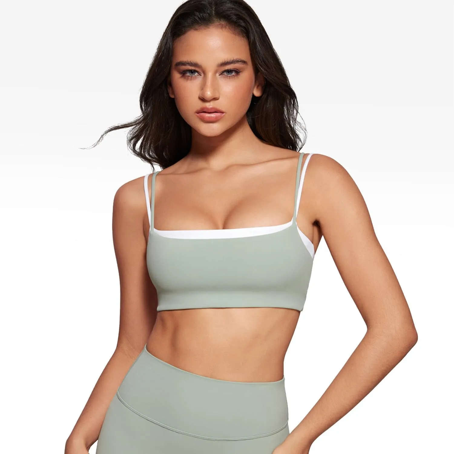 Women's Square Neck Sports Bra Spaghetti Strap Padded Cami Yoga Wireless Square Back Workout Bra Crop Top