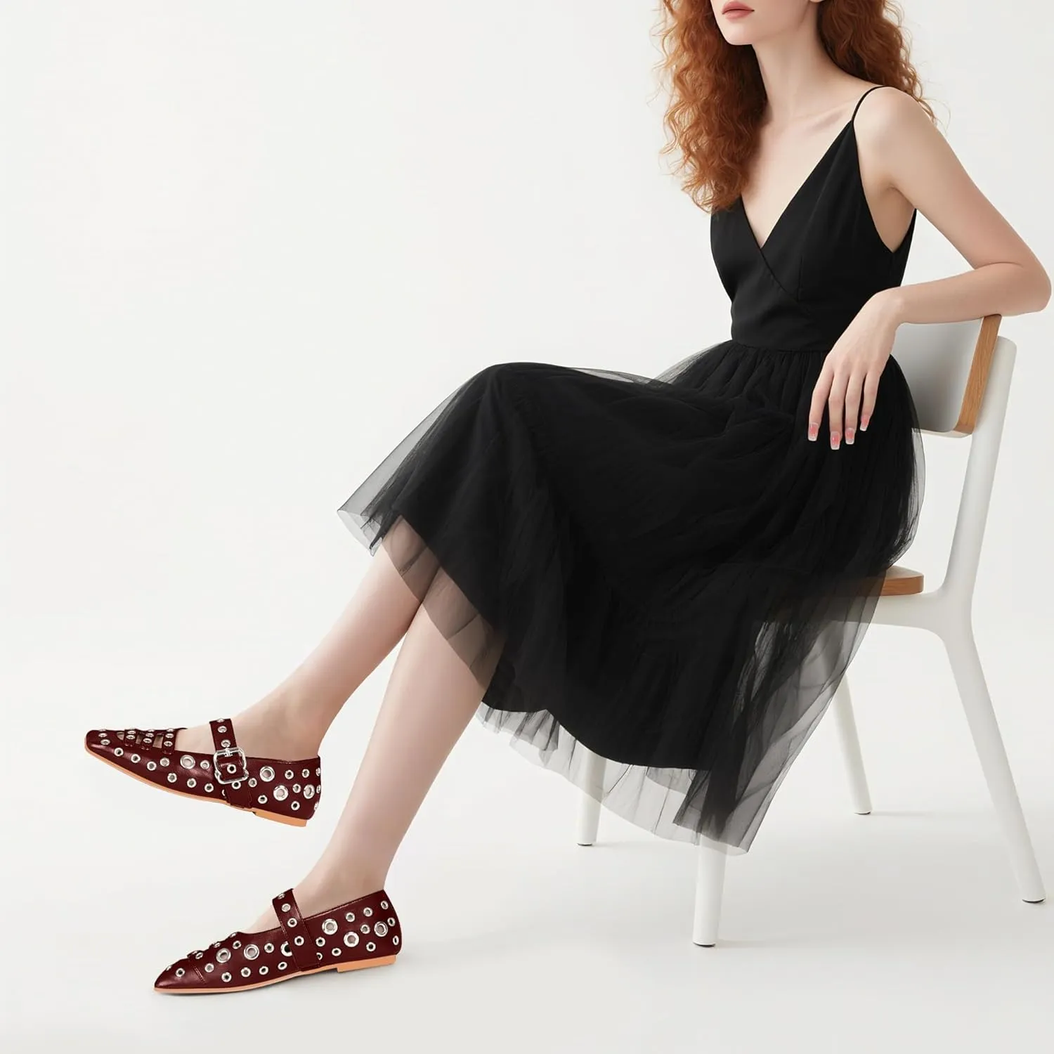 Women's Square Toe Ballet Flats Studded Metal Eyelet Perforated Hollow Out Buckle Mary Janes Shoes