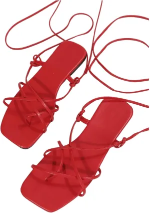 Women’s Strappy Flat Sandals – Adjustable Crisscross Ankle Wrap Summer Shoes – Minimalist Square-Toe Casual Flats (Sizes 5.5–11)