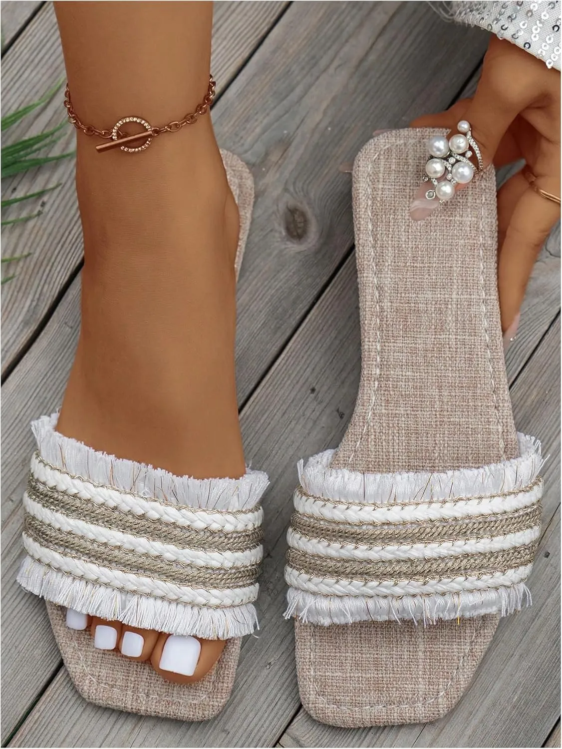 Women's Striped Braided Flat Sandals Square Open Toe Casual Slippers Slide Shoes