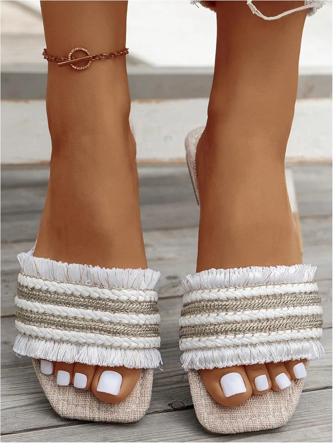 Women's Striped Braided Flat Sandals Square Open Toe Casual Slippers Slide Shoes