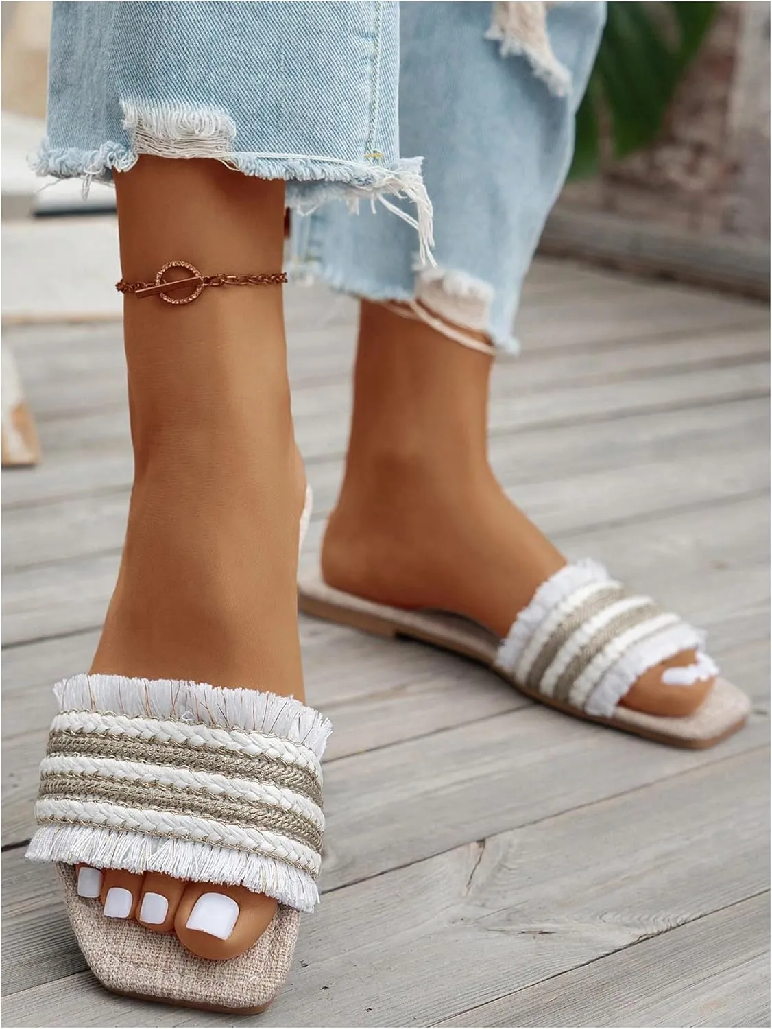 Women's Striped Braided Flat Sandals Square Open Toe Casual Slippers Slide Shoes