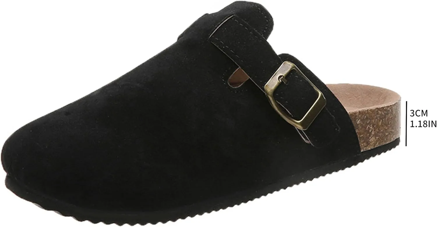 Women's Suede Clogs Slip-On Buckle Slides Leather Mules Cork Footbed Sandals Potato Shoes with Arch Support