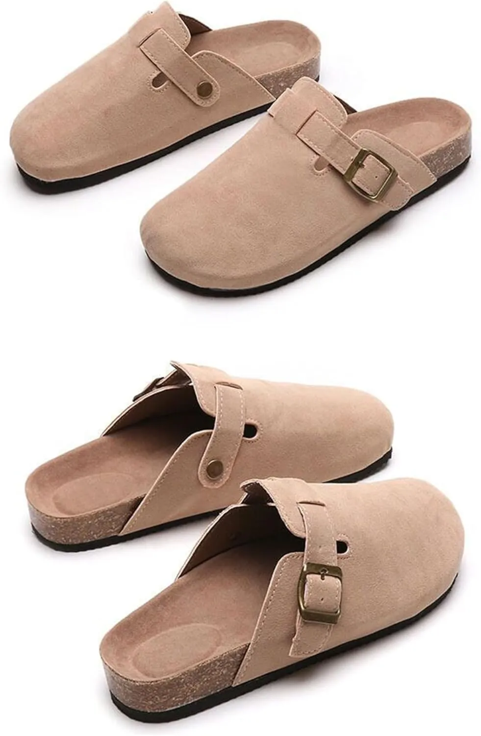 Women's Suede Clogs Slip-On Buckle Slides Leather Mules Cork Footbed Sandals Potato Shoes with Arch Support