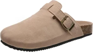 Women's Suede Clogs Slip-On Buckle Slides Leather Mules Cork Footbed Sandals Potato Shoes with Arch Support