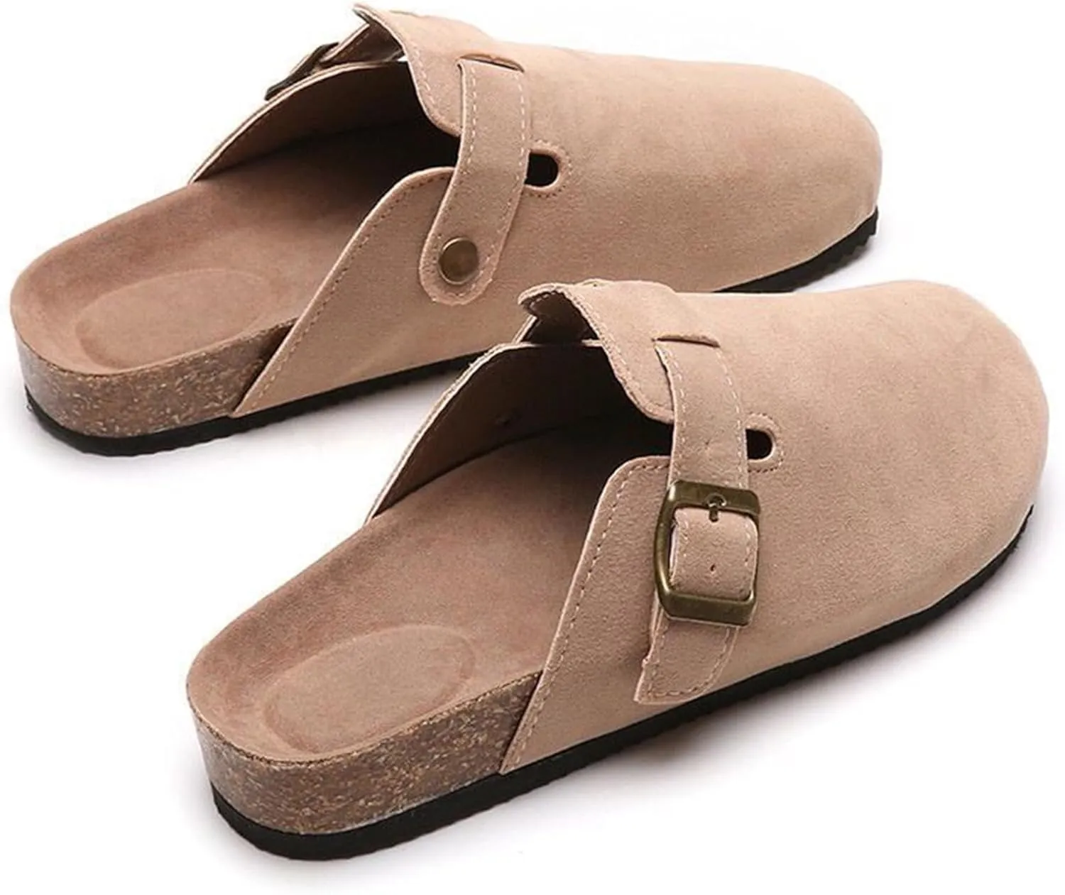 Women's Suede Clogs Slip-On Buckle Slides Leather Mules Cork Footbed Sandals Potato Shoes with Arch Support