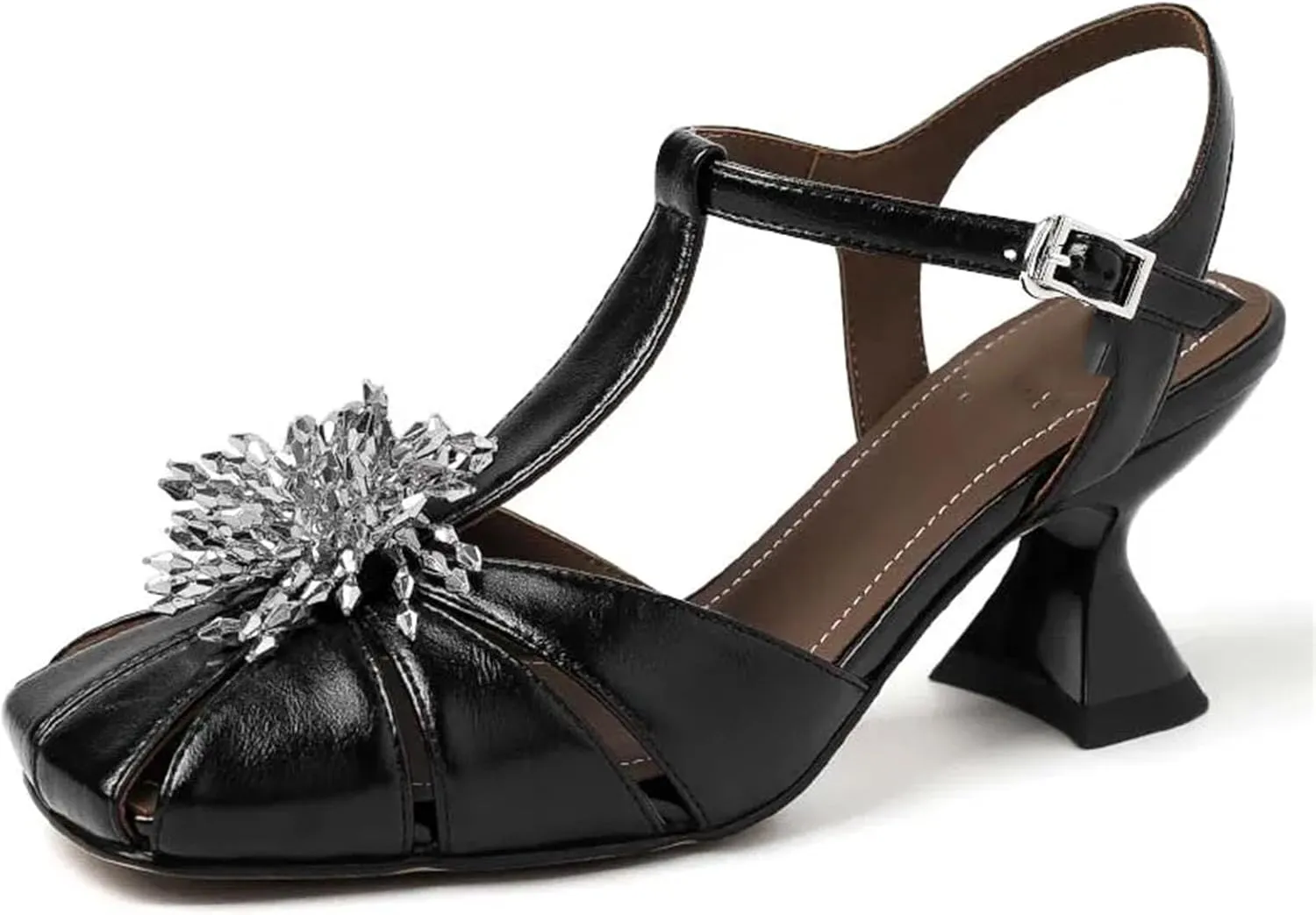 Women's T-Strap Crystal High Heels - Black/Gold/Silver Summer Party Wedding Pumps