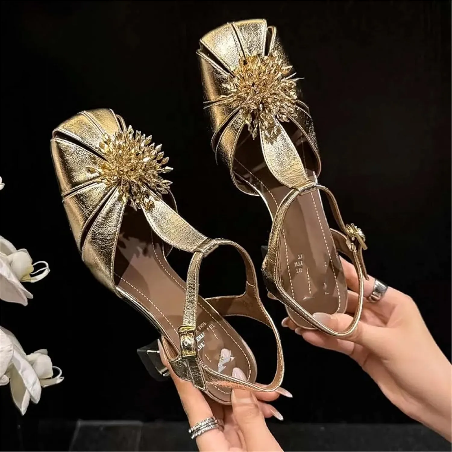 Women's T-Strap Crystal High Heels - Black/Gold/Silver Summer Party Wedding Pumps