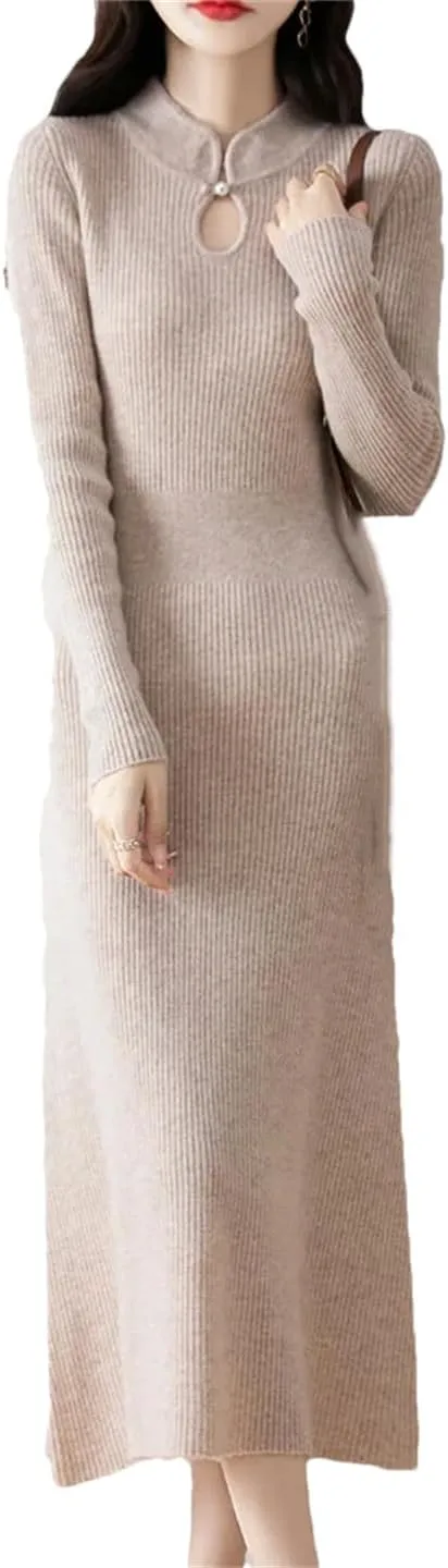 Women’S Vintage Wool Pullover Dress with Hole Detail Mid-Calf A-Line Knit Skirt for Casual Sweater Dresses