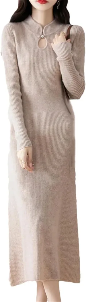 Women’S Vintage Wool Pullover Dress with Hole Detail Mid-Calf A-Line Knit Skirt for Casual Sweater Dresses