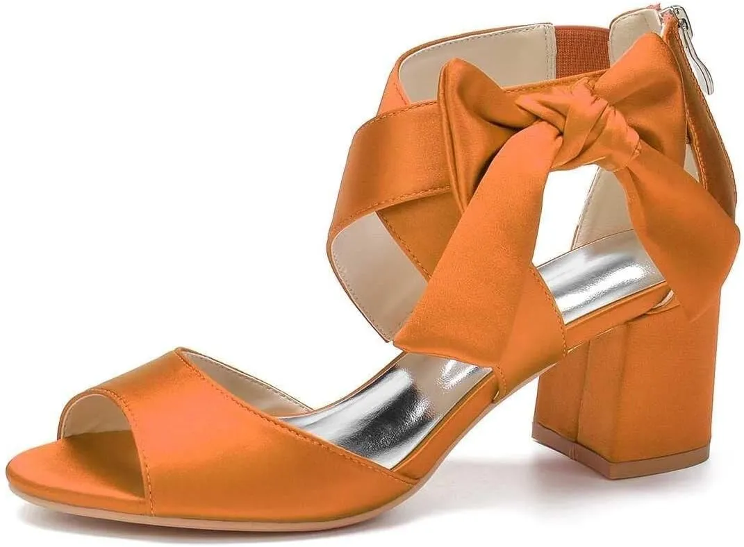 Womens Wedding Shoes Women's Low Block Heel Sandals Satin Bridal Chunky Ankle Strap Zipper Wedding Dress Shoes Low Heel Pump(Orange,6)