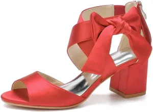 Womens Wedding Shoes Women's Low Block Heel Sandals Satin Bridal Chunky Ankle Strap Zipper Wedding Dress Shoes Low Heel Pump(Red,6)
