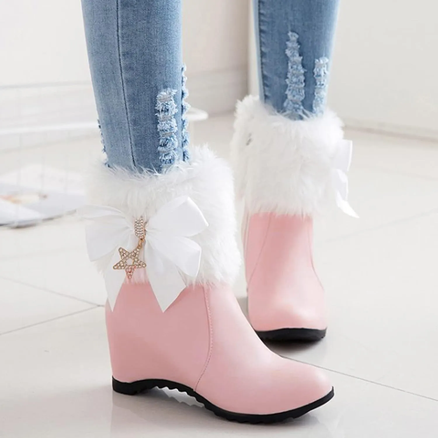 Women's Wedge Ankle Booties Side Zipper Outdoor Fur Lined Warm Winter Boots Comfortable Shoes for Women