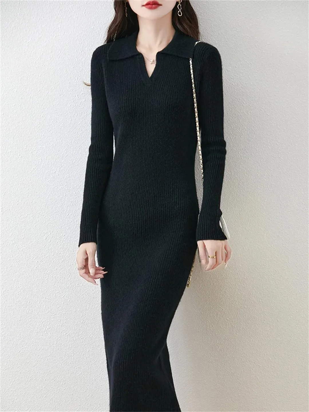 Women’S Wool Knit Pullover Dress Sheath Mid-Calf Length Turn-Down Collar Office Lady Slim Long Sleeve Sweater Dresses