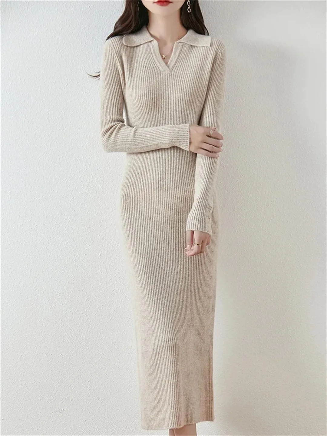 Women’S Wool Knit Pullover Dress Sheath Mid-Calf Length Turn-Down Collar Office Lady Slim Long Sleeve Sweater Dresses