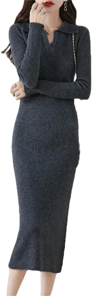 Women’S Wool Knit Pullover Dress Sheath Mid-Calf Length Turn-Down Collar Office Lady Slim Long Sleeve Sweater Dresses
