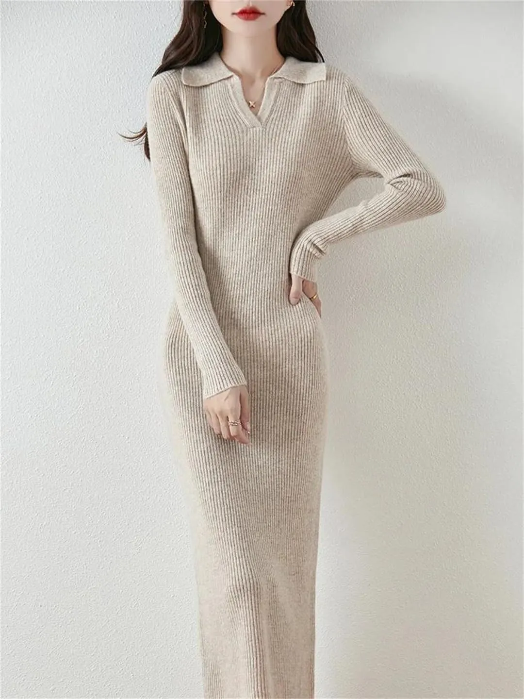 Women’S Wool Knit Pullover Dress Sheath Mid-Calf Length Turn-Down Collar Office Lady Slim Long Sleeve Sweater Dresses