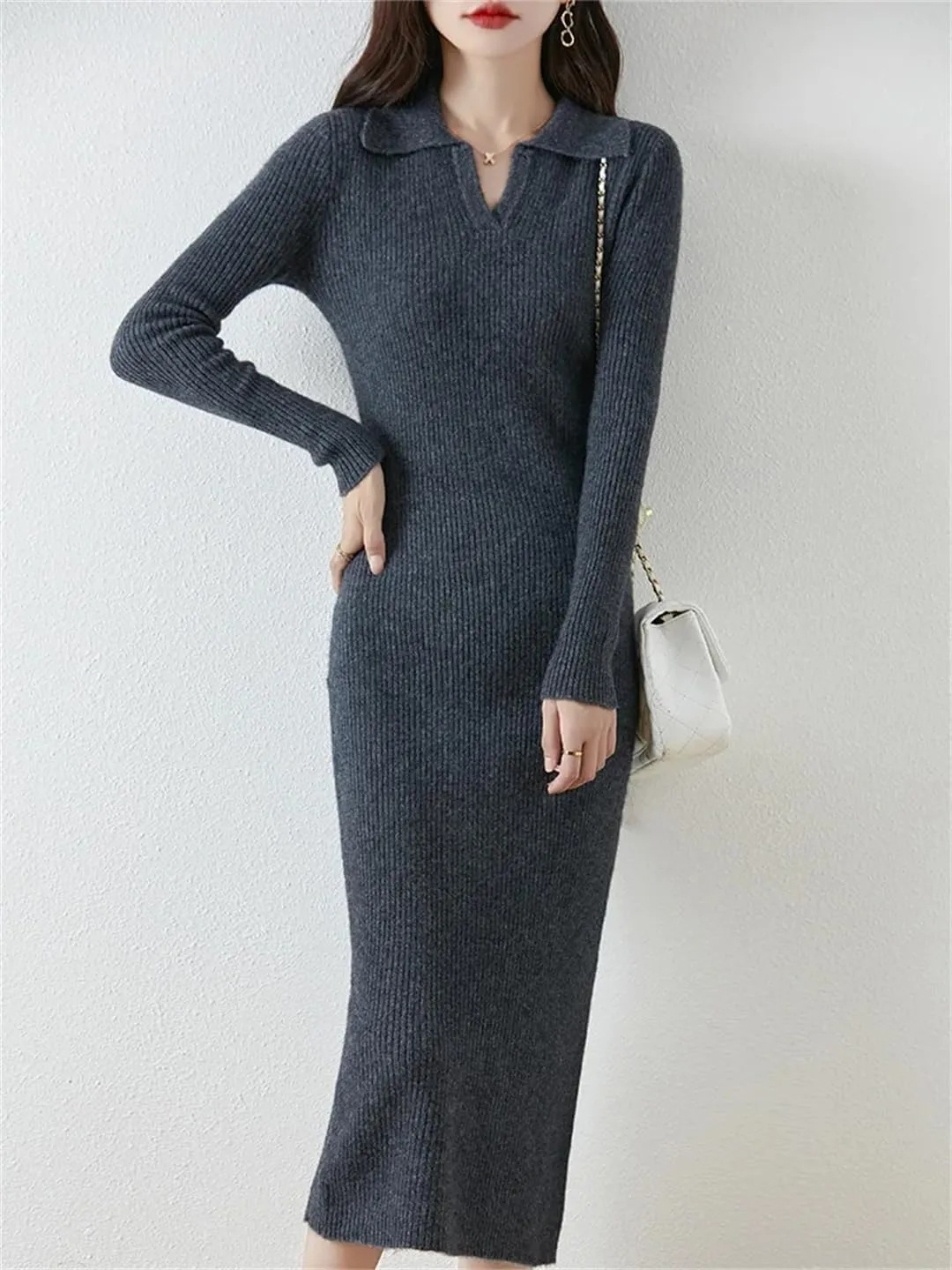 Women’S Wool Knit Pullover Dress Sheath Mid-Calf Length Turn-Down Collar Office Lady Slim Long Sleeve Sweater Dresses