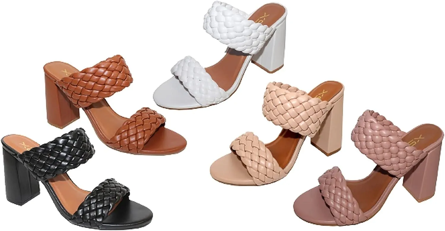 X2B Women's Open toe Chunky Heels Sandals Braided Slip on Heeled Mules Slide