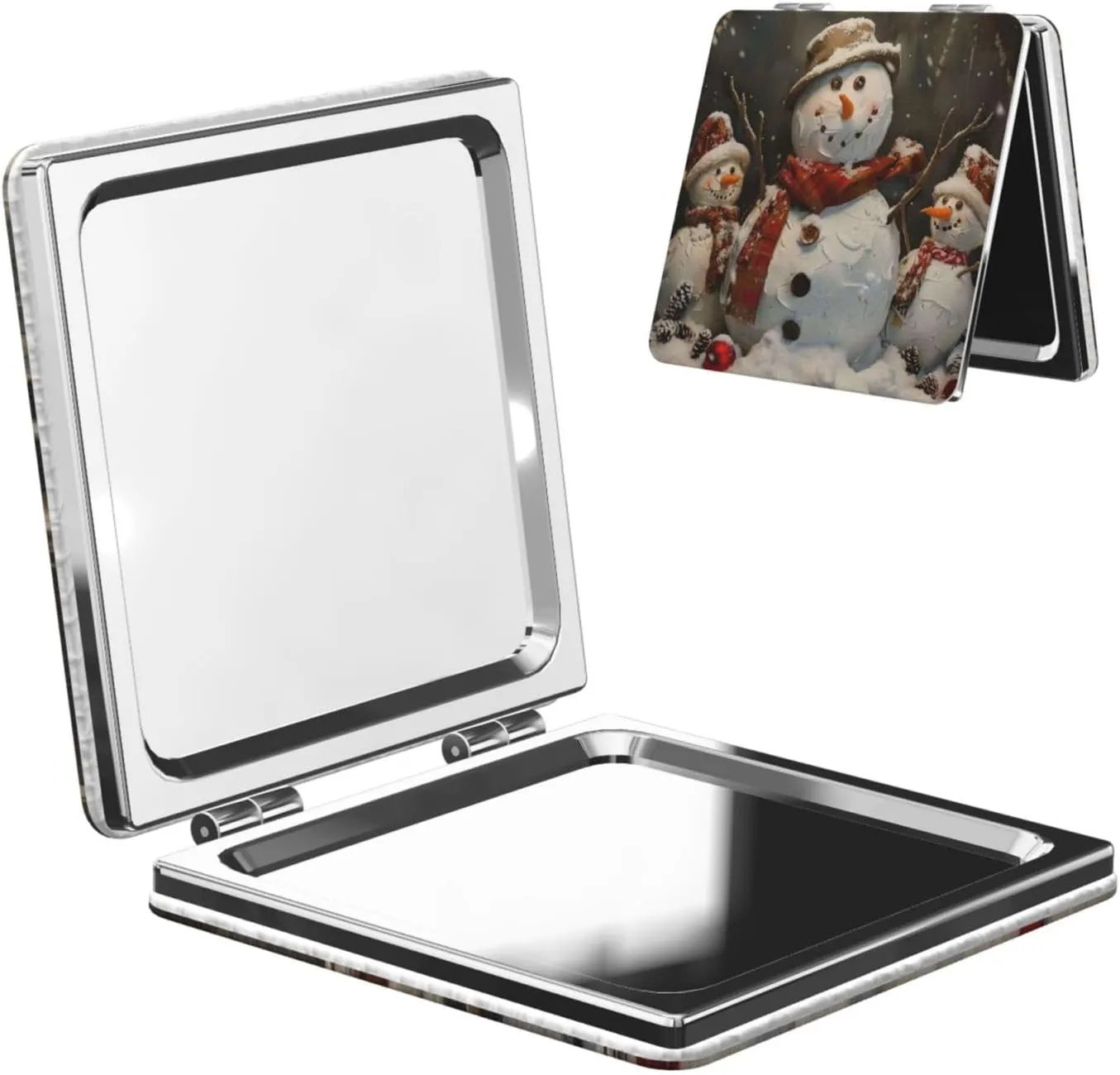 Xmas Snowman Printed Square Pocket Makeup Mirror with 1X/2X Magnification, Portable Mini Travel Makeup Mirror for Travel Daily Work Beauty