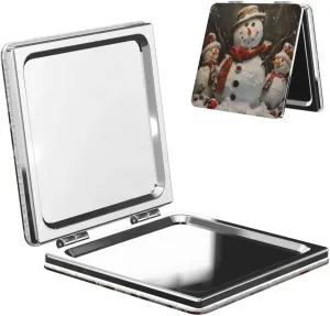 Xmas Snowman Printed Square Pocket Makeup Mirror with 1X/2X Magnification, Portable Mini Travel Makeup Mirror for Travel Daily Work Beauty